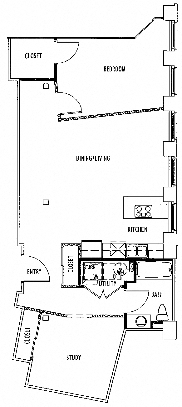 Floor plan for 1 bed, 1 bath, 999 sqft